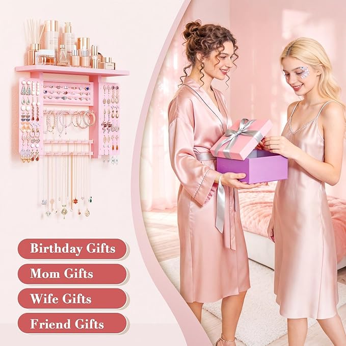 Emfogo Jewelry Organizer Hanging Wall Mounted Jewelry Holder, 5-in-1 Large Capacity Wood Necklace Organizer Wall Display for Ring, Necklaces, Bracelets, Earrings (Pink)
