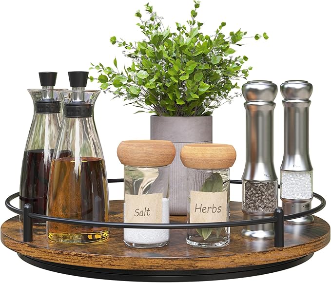 Lazy Susan Organizer：12 Inch 360 Degree Rotating Spice Rack for Kitchen Countertop Round Lazy Susan Wood Turntable Holder for Cabinet Table– Black