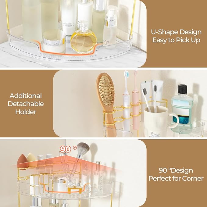FELIZHOUSE 2-Tier Makeup Organizer for Vanity & Bathroom Countertop – Acrylic Storage Shelf with Perfume Tray & Makeup Brush Holder, Tool-Free Installation, Design for Bathroom & Dresser - Clear