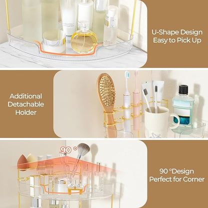 FELIZHOUSE 2-Tier Makeup Organizer for Vanity & Bathroom Countertop – Acrylic Storage Shelf with Perfume Tray & Makeup Brush Holder, Tool-Free Installation, Design for Bathroom & Dresser - Clear
