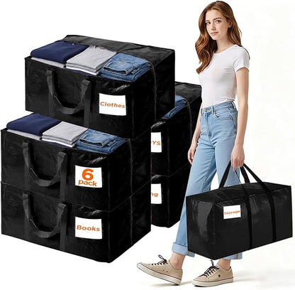 BETU 6 Pack Moving Bags Moving Storage College Dorm Camping Packing Travel PE Heavy Duty, Sturdy Handle, Zipper Large Storage Tote Bag Moving Boxes Box Alternative - Black 29L x 14W x 13H