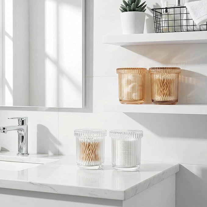 2 Pack Glass Qtip Holder Dispenser - Bathroom Organizers and Storage, Clear Apothecary Jars Set, Bathroom Essentials Accessories Decor, Vanity Makeup Storage Organizer (Clear)