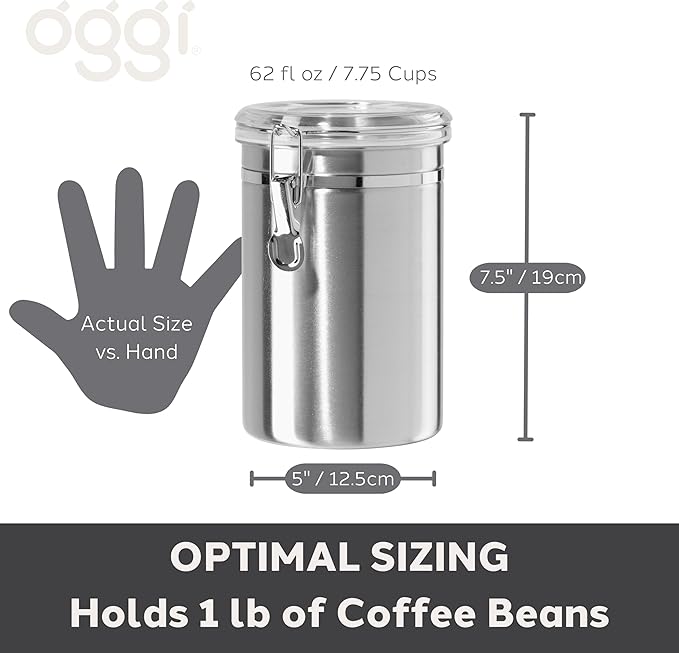 Oggi Stainless Steel Kitchen Canister 62 fl oz - Airtight Clamp Lid, Clear See-Thru Top - Ideal for Kitchen Storage, Food Storage, Pantry Storage. Large Size 5" x 7.5".
