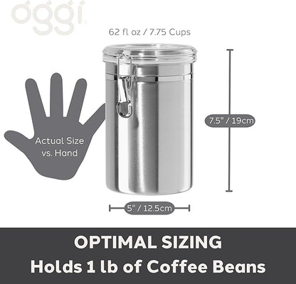 Oggi Stainless Steel Kitchen Canister 62 fl oz - Airtight Clamp Lid, Clear See-Thru Top - Ideal for Kitchen Storage, Food Storage, Pantry Storage. Large Size 5" x 7.5".