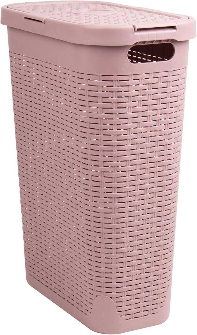 Mind Reader Slim Laundry Hamper with Lid, 40L Clothes Basket, Narrow Tapered Design with Ventilated Cutout Pattern, Plastic, Pink