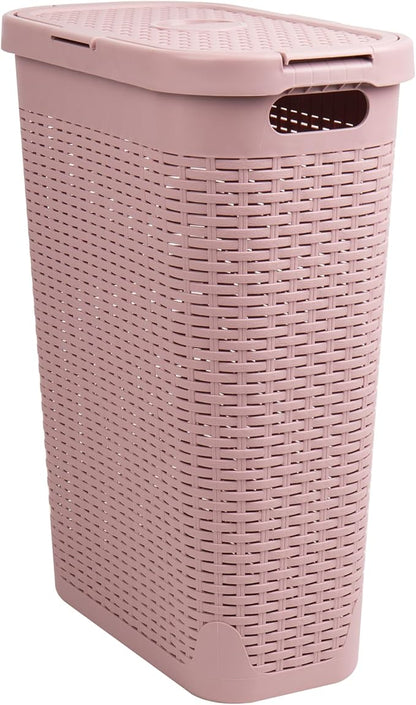 Mind Reader Slim Laundry Hamper with Lid, 40L Clothes Basket, Narrow Tapered Design with Ventilated Cutout Pattern, Plastic, Pink