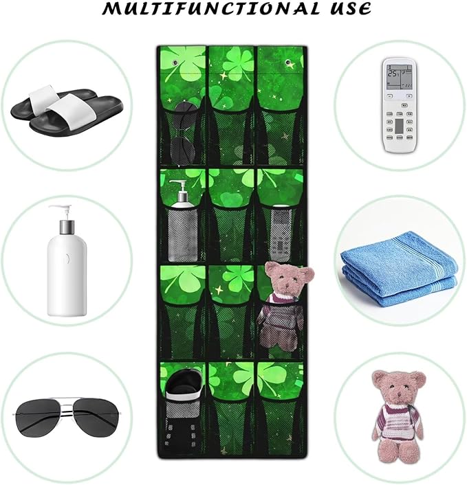 12-Pocket Storage Hanging Bag Behind the Door, Over the Door Organizer with Mesh Pockets for Shoes Essentials, Space Saving Door Organizer for Bedroom Dorm Closet, Lucky Leaf Pattern