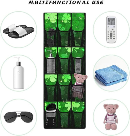 12-Pocket Storage Hanging Bag Behind the Door, Over the Door Organizer with Mesh Pockets for Shoes Essentials, Space Saving Door Organizer for Bedroom Dorm Closet, Lucky Leaf Pattern