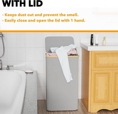 SpaceAid Laundry Hamper with Lid, 110L Large Tall Clothes Basket Bin with Bamboo Handles, Collapsible Laundry Hamper for Bedroom, Bathroom, Dorm, Laundry Room - Light Grey