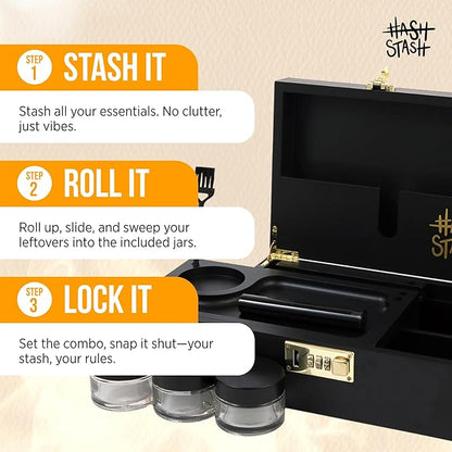 HASHSTASH The OG Storage Box - Large Bamboo Box with Combination Lock, Magnetic Lid, Organizer Tray, Airtight Tube and 3 Jars - Discreet Decorative Locking Wooden Box with Accessories (Black/Gold)
