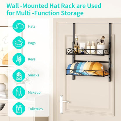HapiRm Hat Organizer for Baseball Caps - 2 Tier Over the Door & Wall Mounted Hat Rack with 2 Adjustable Metal Basket, Storage Holds up to 20 Caps for Door, Bedroom, Closet (Black)