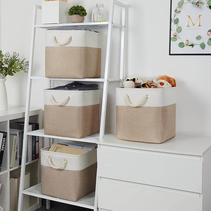 Temary 4 Pack Cube Storage Bins Cloth Baskets for Shelf, Fabric Storage Cubes 12 x 12 Baskets Gift Empty Basket with Handles, Basket for Storage (White&Khaki)
