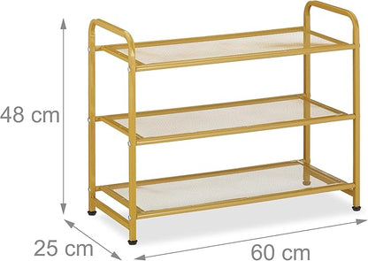 Relaxdays Rack, Organiser with 3 Levels, 6 Pairs of Shoes, HWD: 48 x 60 x 25 cm, Metal, Hallway Storage, Gold, Steel