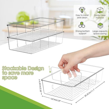 ZIZOTI Snack Organizer for Pantry Shelf, 2 Pack Clear Plastic Pantry Storage Bins with 3 Dividers for Snacks, Spices, Chips Food Organizer, Stackable Pantry Organizers for Kitchen, Fridge, Cabinet