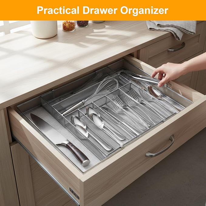 2 Pcs Utensil Drawer Silverware Organizer, Metal Mesh Expandable 13" ~24" Kitchen Drawer Organizer, 7-9 Slots Cutlery Tray Dividers for Kitchen Flatware Christmas Housewarming Gift (Sliver)
