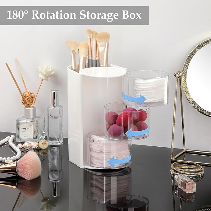 Rotating Hair Accessories Organizer with Comb Holder Plastic Hair Clips Storage Container Cosmetic Storage Box for Makeup Sponge Brush, 3-Layer White