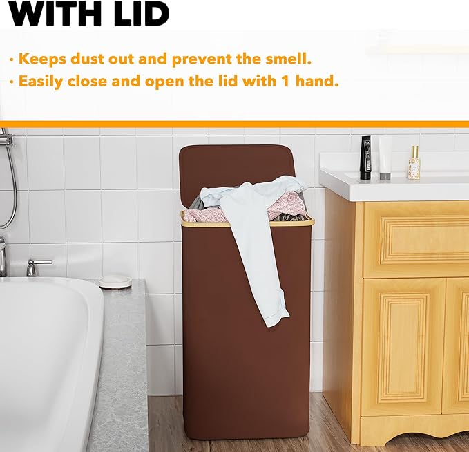SpaceAid Laundry Hamper with Lid, 110L Large Tall Clothes Basket Bin with Bamboo Handles, Collapsible Laundry Hamper for Bedroom, Bathroom, Dorm, Laundry Room - Brown
