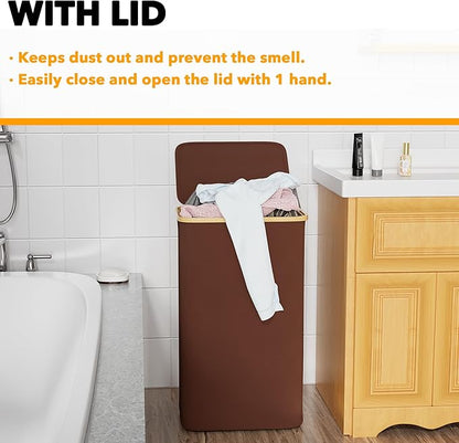 SpaceAid Laundry Hamper with Lid, 110L Large Tall Clothes Basket Bin with Bamboo Handles, Collapsible Laundry Hamper for Bedroom, Bathroom, Dorm, Laundry Room - Brown