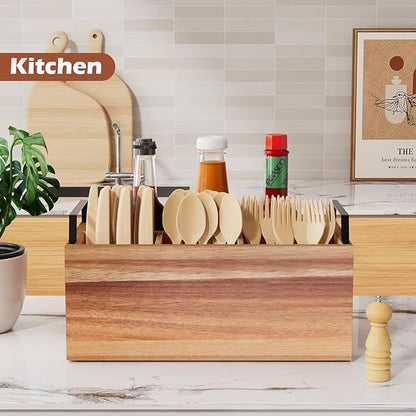 Wooden Silverware Caddy Organizer, Acacia Wooden Silverware Holder, Utensil Holder for Party, Large 11“x6.7"x4"