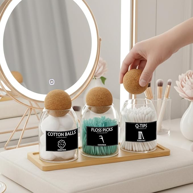 3PCS Qtip Holder for Bathroom Set, 17oz Glass Apothecary Jars with Cork Lids and Tray, Cotton Ball and Swab Holder, Bathroom Containers Organizers and Storage with 9 Labels
