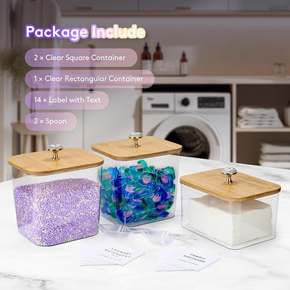 POLRAI 3 Pack Laundry Pod Containers and Dryer Sheet Holder, Laundry Room Organization Storage Containers with Lids and Labels for Detergent Pods Dry Sheet Organizing