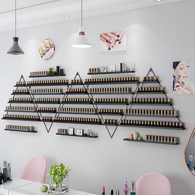 Wall-Mounted Nail Polish Rack, Set of 10 Triangular Black Nail Polish Shelf Lipstick Perfume Cosmetic Display Shelf for Home Spa Nail Salon Shop