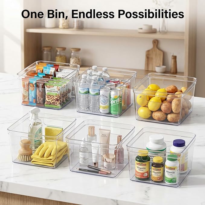 MOONEDGE 4-Pack Clear Cube Storage Bins,10x10 Plastic Organizer Boxes with Handles, Open-Top Square Containers for Closet,Pantry,Fridge,Kitchen,Bathroom,Laundry Room,UnderSink and Cabinet Organization