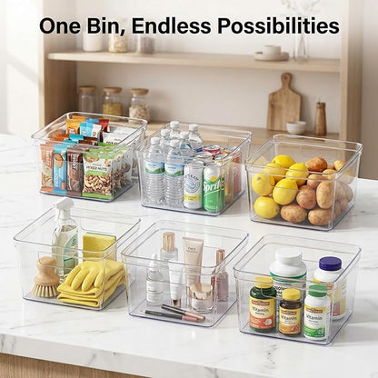 MOONEDGE 8-Pack Clear Cube Storage Bins, 10x10 Open-Top Plastic Organizer Boxes, Square PET Containers for Closet,Pantry,Kitchen,Fridge,Playroom,Bathroom,Undersink and Whole Home Organization