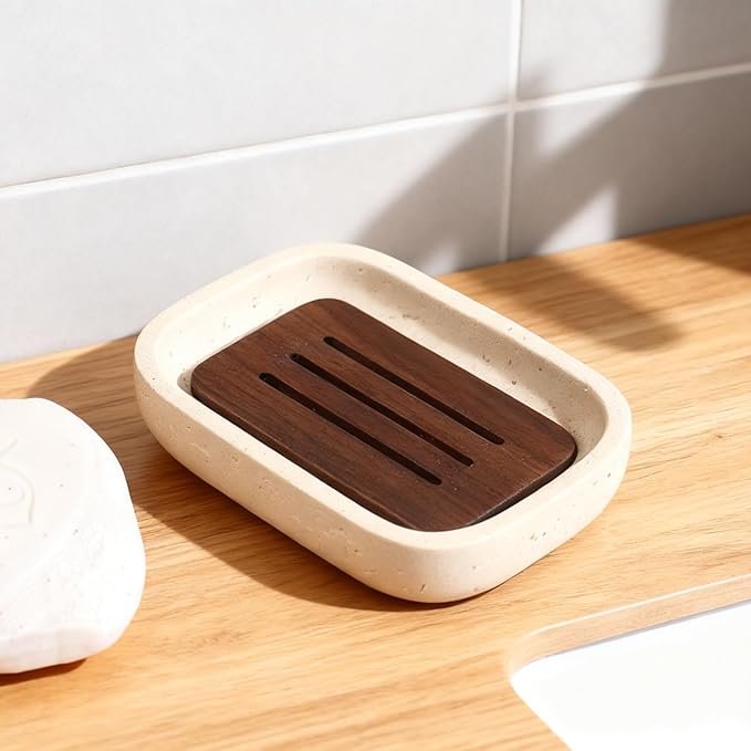 Soap Dish, Resin Wooden Double-Layer Drainage Bathroom Soap Dish, Suitable for Showers, Bathroom Sinks, and Kitchen Countertops (Yellow)