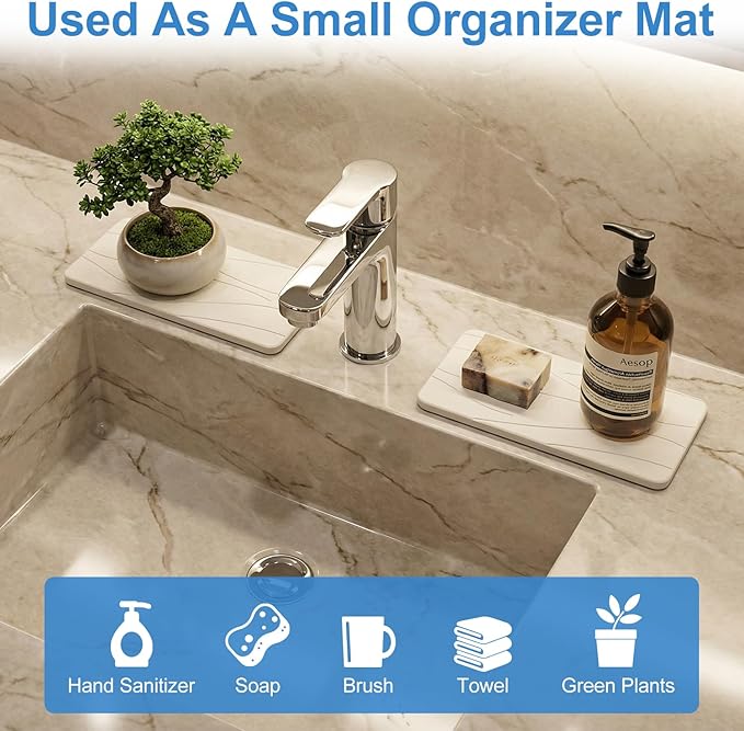 2Pcs Water Absorbing Stone Drying Tray for Bathroom Sink Counter Decor Kitchen Soap Dish Dispenser Trays Sponge Holder White Bathroom Vanity Tray Fast Quick Diatomite Stone Drying Mat for Kitchen Sink