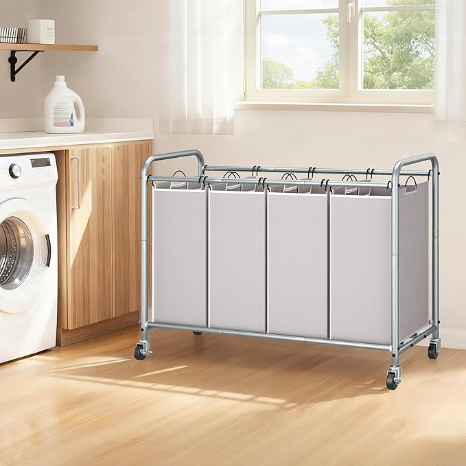 STORAGE MANIAC Laundry Sorter 4 Section, 47.5 Gal (180 L) Laundry Hamper with Wheels, Clothes Divider Basket Sorter, Clothes Separator Hamper Cart with Wheels and Removable Bags, Gray