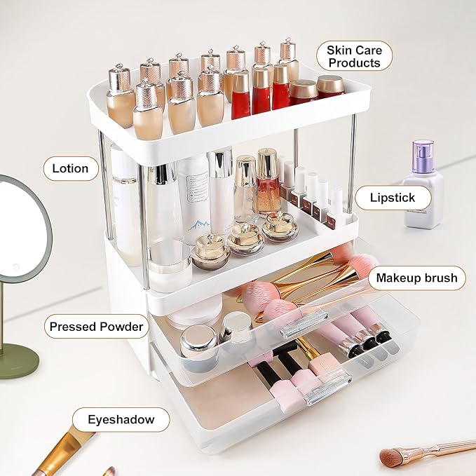 DASITON 4 Tiers Makeup Organizer, 2 Drawers Large Cosmetic Organizers for Vanity Bathroom Countertop, Bathroom Organizers and Storage for Skincare, Cosmetic, Perfume, Dresser Organizer (White+Clear)