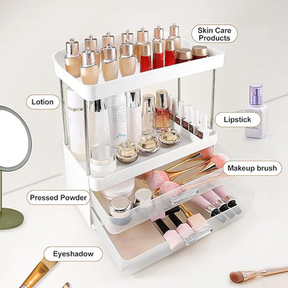 DASITON 4 Tiers Makeup Organizer, 2 Drawers Large Cosmetic Organizers for Vanity Bathroom Countertop, Bathroom Organizers and Storage for Skincare, Cosmetic, Perfume, Dresser Organizer (White+Clear)
