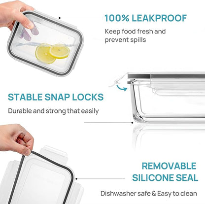 Vtopmart 5Pack 30oz Glass Storage Containers with Lids, Glass Meal Prep Food Container Sets with Snap Airtight Lids for Microwave, Oven, Freezer and Dishwasher, Grey
