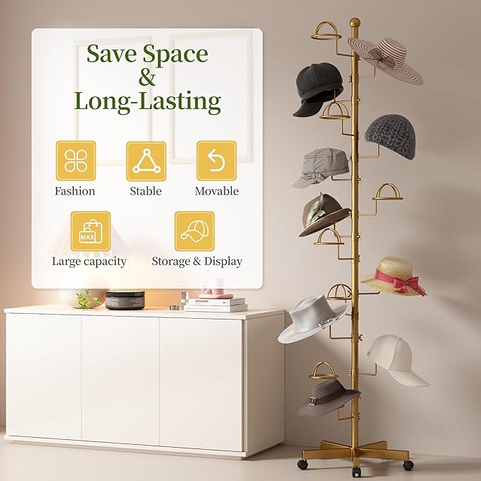 Hat Rack with 15 Circular Hooks Floor Hat Stand Freestanding Hats Rack Stand Adjustable Metal Hats Tree Organizer Rack Display Standing Suitable for Home Store Commercial, Gold
