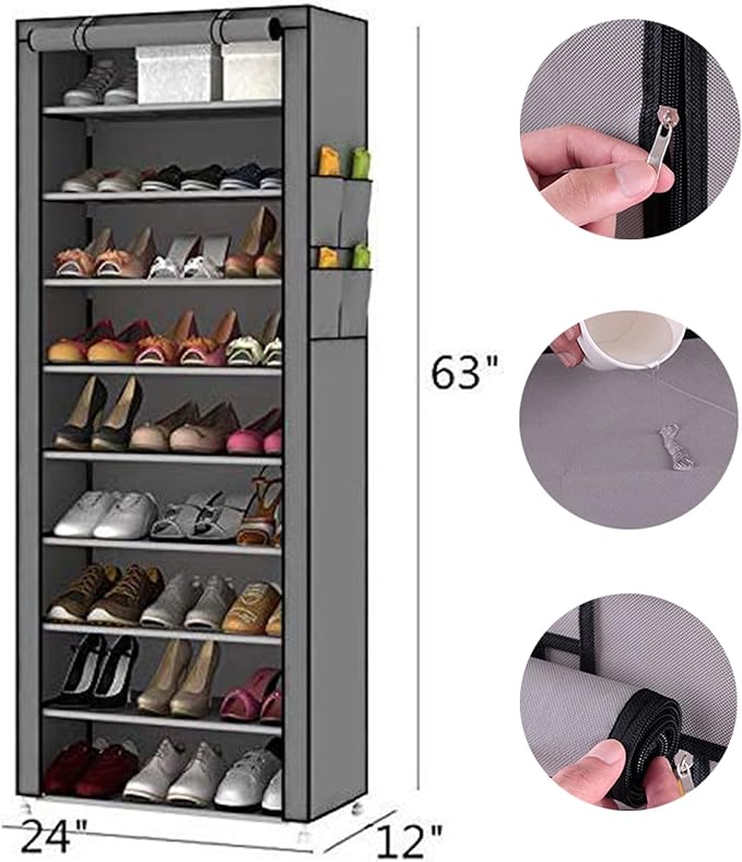 PENGKE 9-Shelf Shoe Organizer with Dust Cover - Closet shelf for up to 27 pairs of shoes - Designed for doorways, hallways, balconies, living rooms - Gray