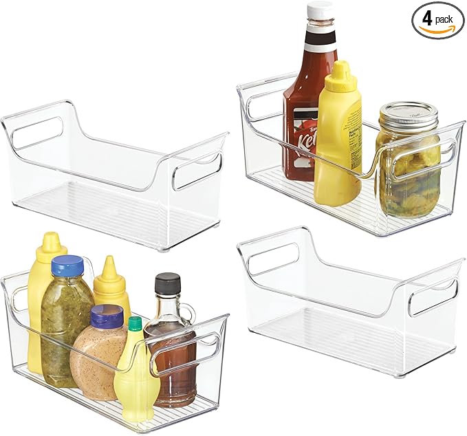 iDesign Condiment Organizer for Fridge - Plastic Fridge Organizer Bins with Handles, Set of 4, Clear