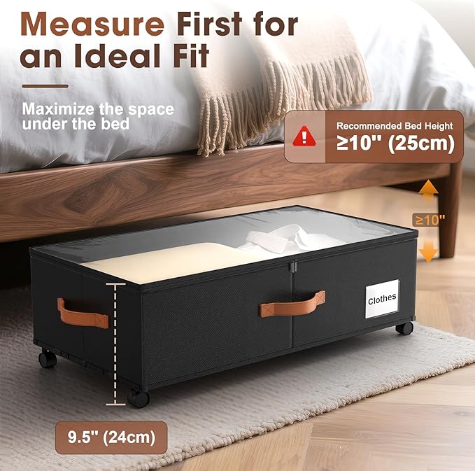 Eastherry Under Bed Storage Containers with Wheels, 9.5 inches Higher Underbed Shoes Blankets Clothes Toy Storage Drawers for College Dorms Bedrooms Nursery Rooms Organization, 2 Pack to be Assembled