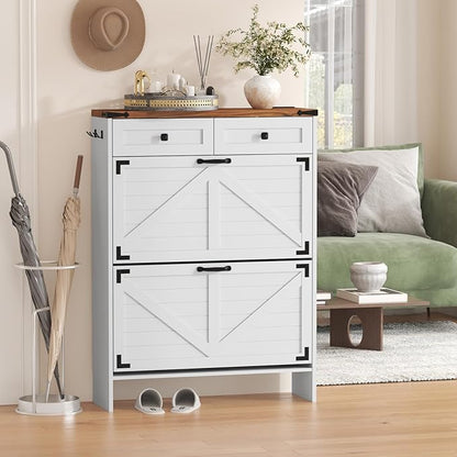 Shoe Storage Cabinet with Deodorizing Function, Farmhouse Narrow Hidden Shoe Rack Organizer Cabinet with 2 Flip Drawers & 2 Storage Drawers for Entryway, Hallway, Living Room, White