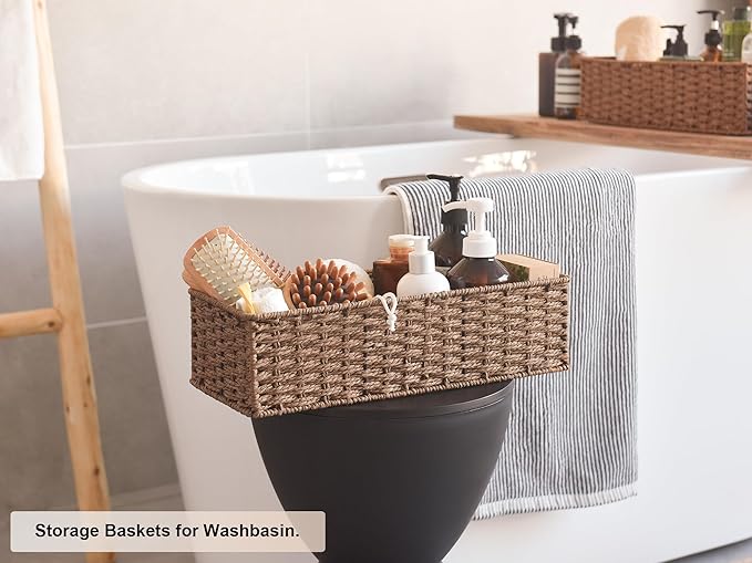 StorageWorks Round Paper Rope Toilet Tank Topper Basket, Wicker Basket for Bathroom, Brown, 2-Pack