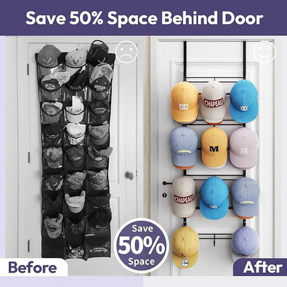 SWTYMIKI Over Door Hat Organizer - 4 Tier Metal Adjustable Wall Mounted Hat Rack with 12 Hooks Design, Hanging Baseball Cap Organizer Storage Holds up to 36 Caps for Door, Bedroom, Closet