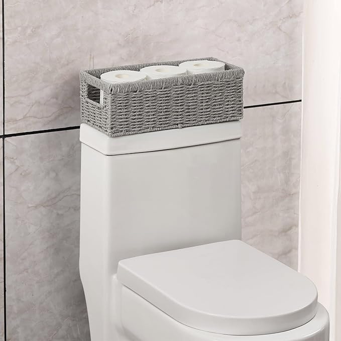 Vagusicc Wicker Storage Basket, Paper Rope Wicker Baskets with Handles, Toilet Paper Basket for Toilet Tank Top, Small Wicke Baskets for Organizing Shelves, 2-Pack, Grey