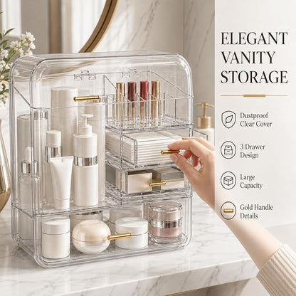 Luxury Makeup Organizer with 3 Drawers & Dustproof Flip Lid, Large Capacity Cosmetic Display Case for Vanity, Clear Countertop Skincare Storage with 6 Lipstick Slots