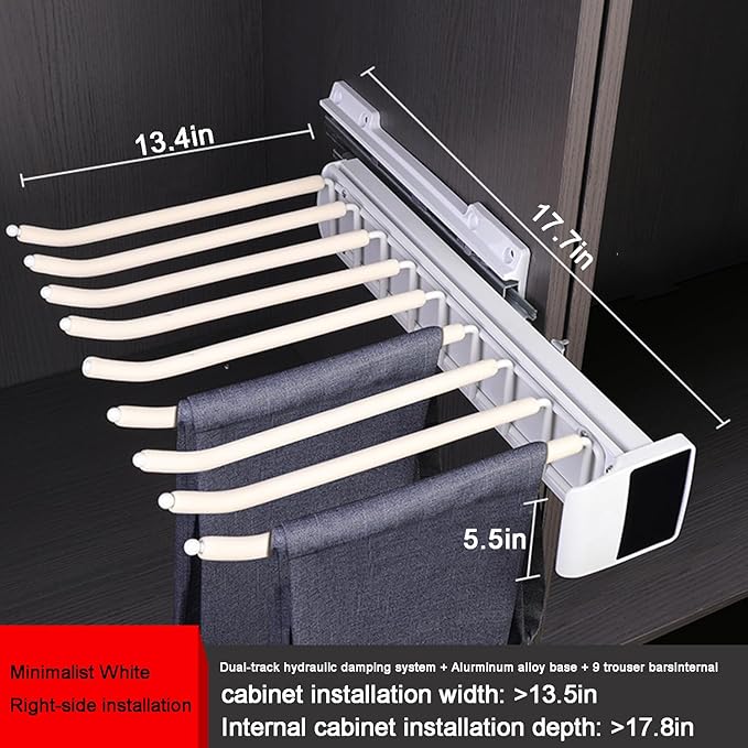 Pull Out Pants Rack, 9 Arms Aluminum Alloy Slid Pant Rack, Closet Pants Organizer Load 51lbs Pull Out Trousers Rack Sizes L 17.7in h 5.5 in w 13.4in (Right-Side Installation)