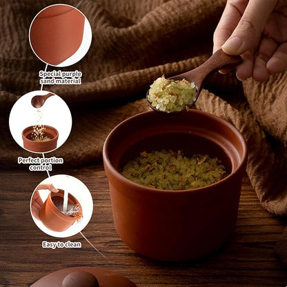 Maxdot 2 Pcs Salt Cellar with Lid and Wooden Spoon, 8 oz, Handcrafted Zisha Clay Salt Container Heavyweight Spices Jar Housewarming Gift for Kitchen Countertop, Kosher, Sea, Sugar, Keeps Spices Dry