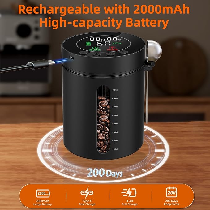 Automatic Vacuum Coffee Canister, 1.3L Coffee Container with Smart Pressure Sensor,LED Display,Window,Scoop Rechargeable Airtight Electric Coffee Bean Storage for Home Kitchen Ground Food Tea Storage