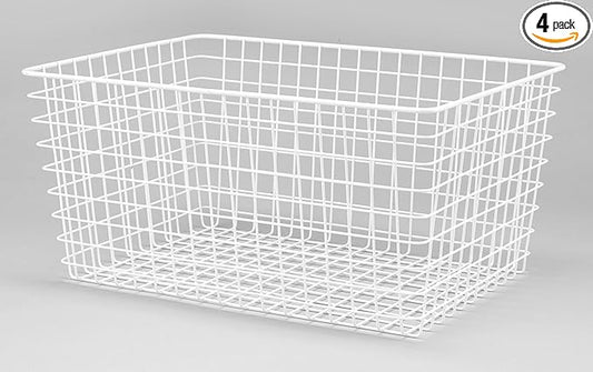 Whitmor 4 Pack White Wire Storage Baskets for Organizing Office, Metal Storage for Pantry, Kitchen Bins & Freezer