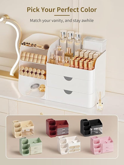 Booklov Makeup Organizer for Vanity, Countertop Cosmetic Display Case with Drawers, Bathroom Counter Beauty Caddy, Comfyroom Table Storage Holder for Skincare, Brush Eyeliner Eyeshadow Lipstick, White