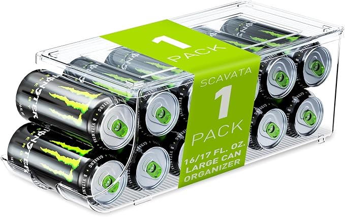 SCAVATA Soda Can Organizer for Refrigerator for Tall Cans of 16oz & 17oz, Stackable Beverage Cans Container Holder Dispenser with Lid for Fridge Pantry Rack Freezer (One Pack)
