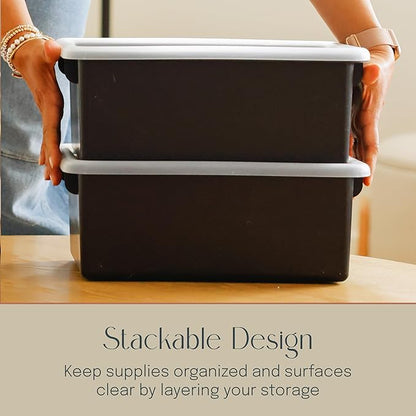 Cubby Storage Bins with Lids, 10-Pack Stackable Plastic Organizer Containers for Pantry, Office, Garage - Nestable with Handles, Black